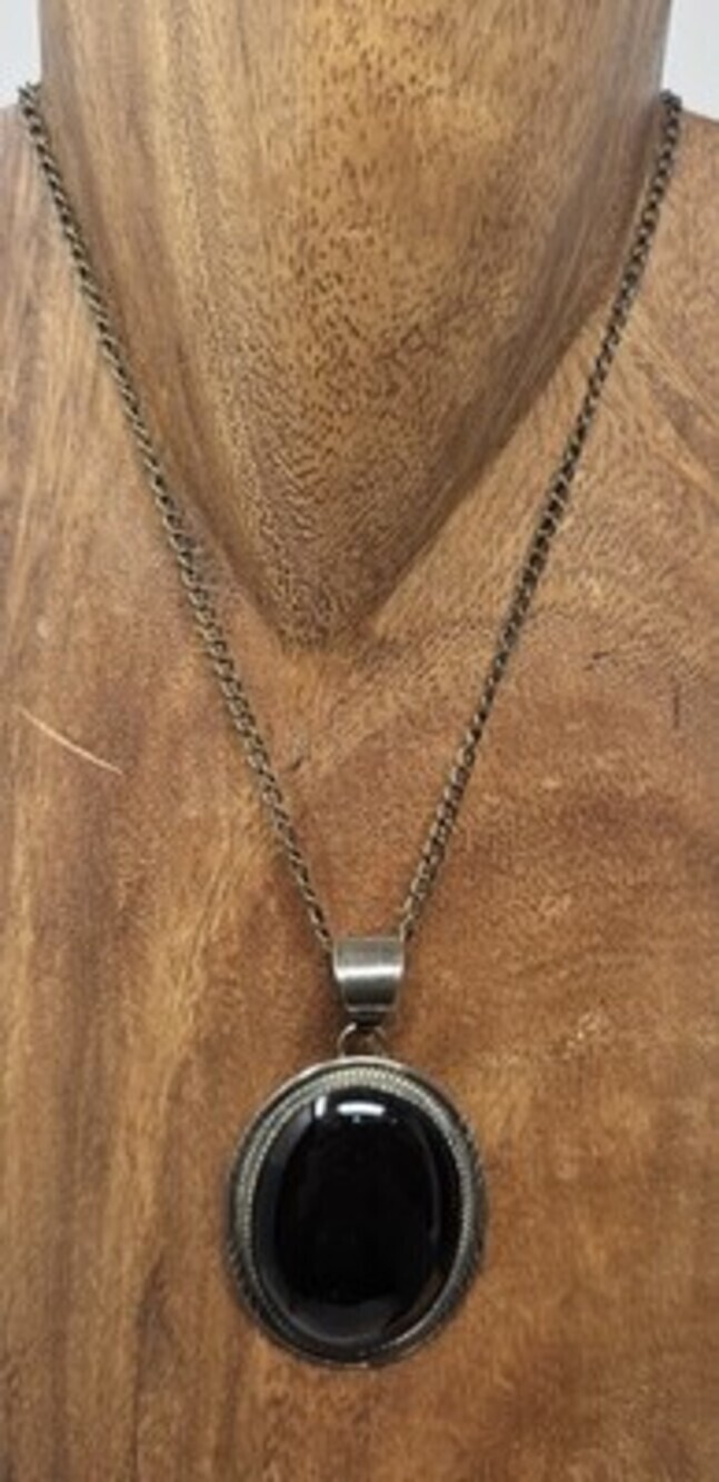 HL Herman Lee Navajo Vintage Sterling Silver Pendant Black Onyx Cabochon Large - Picture 2 of 9